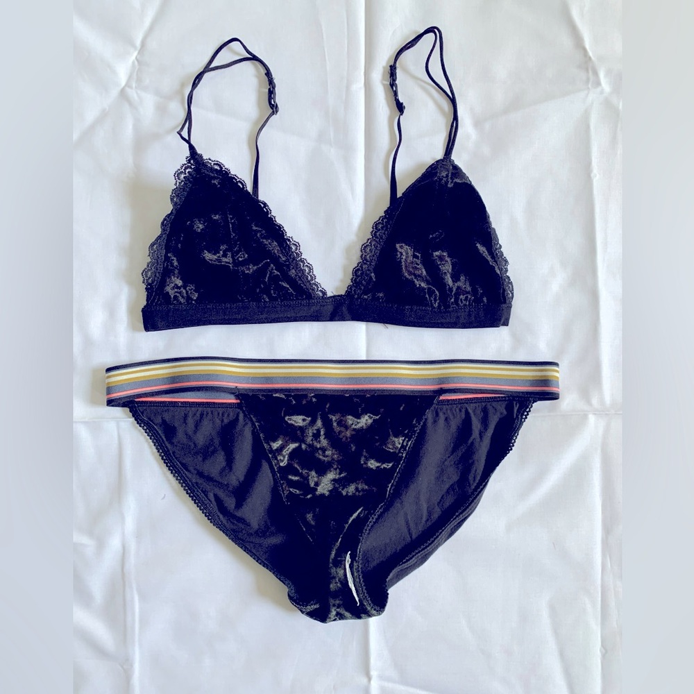 Matching velvet bra and panty set.